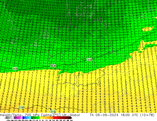 Height/Temp. 700 hPa UK-Global Th 06.06.2024 18 UTC