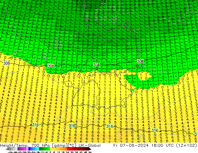 Hoogte/Temp. 700 hPa UK-Global vr 07.06.2024 18 UTC