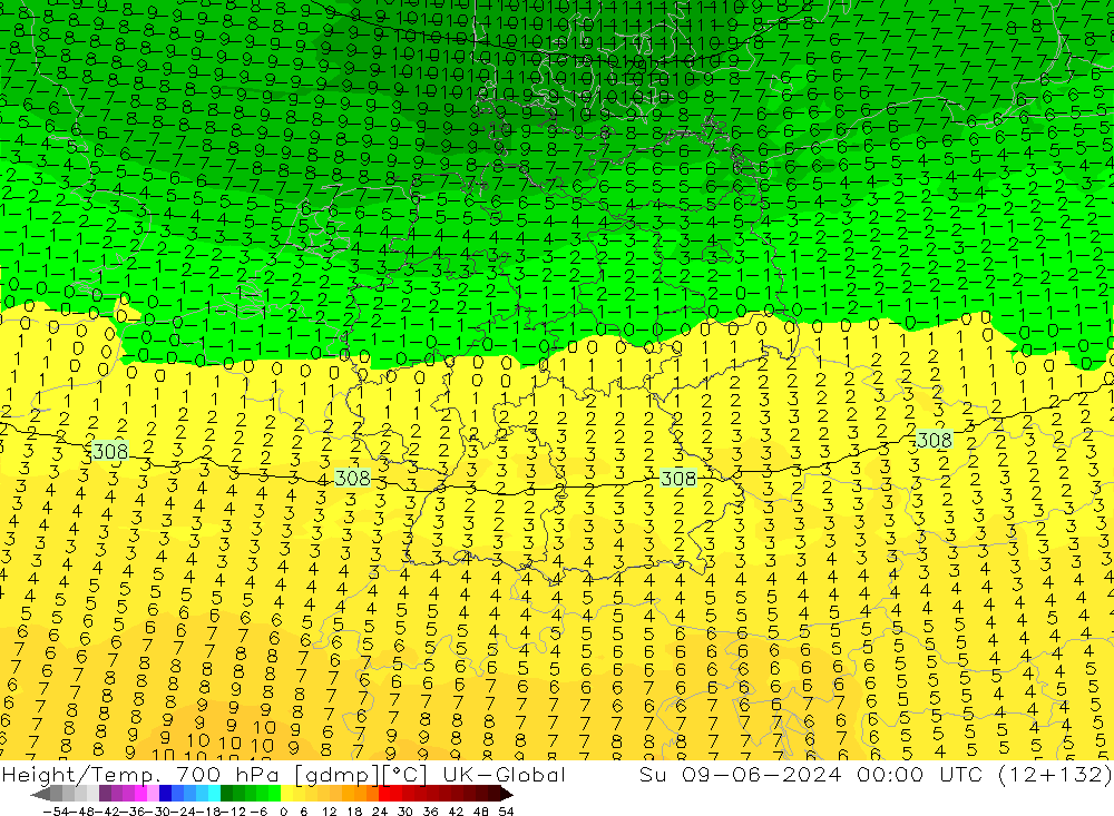 Height/Temp. 700 hPa UK-Global Su 09.06.2024 00 UTC