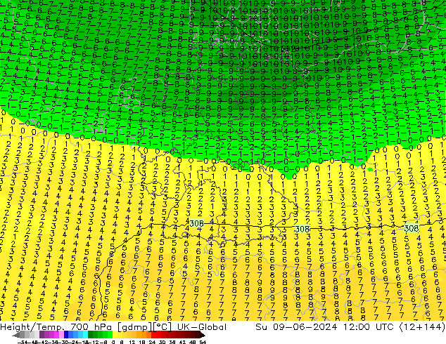 Geop./Temp. 700 hPa UK-Global dom 09.06.2024 12 UTC