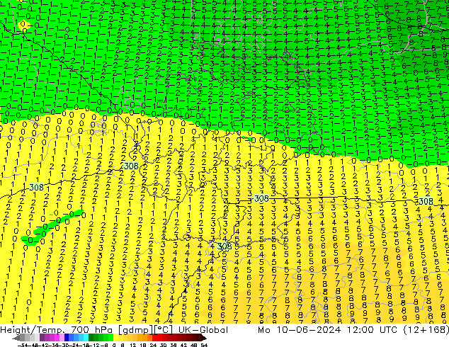 Height/Temp. 700 hPa UK-Global Mo 10.06.2024 12 UTC