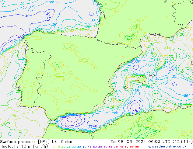 Isotachs (kph) UK-Global Sáb 08.06.2024 06 UTC