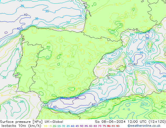 Isotachs (kph) UK-Global  08.06.2024 12 UTC