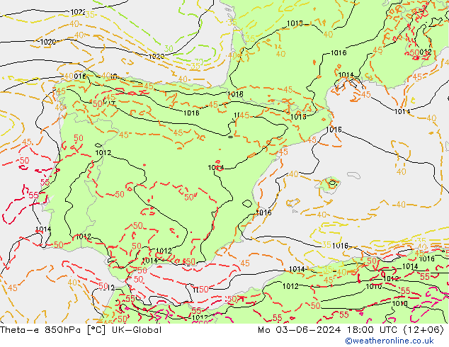 Theta-e 850hPa UK-Global lun 03.06.2024 18 UTC