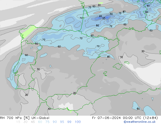 RH 700 гПа UK-Global пт 07.06.2024 00 UTC