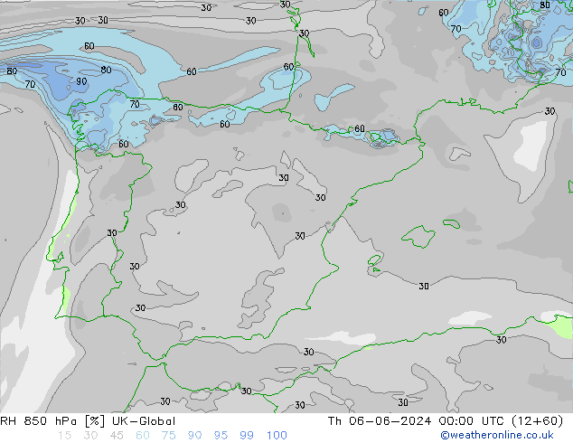 RH 850 hPa UK-Global Qui 06.06.2024 00 UTC