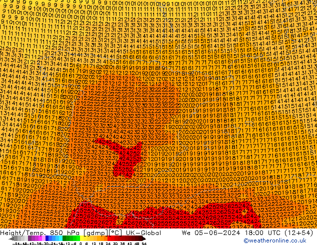 Height/Temp. 850 hPa UK-Global mer 05.06.2024 18 UTC