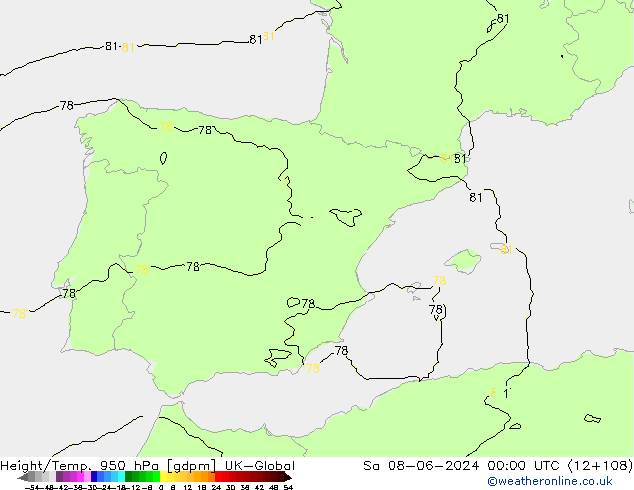 Height/Temp. 950 hPa UK-Global Sa 08.06.2024 00 UTC