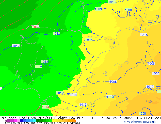 Thck 700-1000 hPa UK-Global Dom 09.06.2024 06 UTC