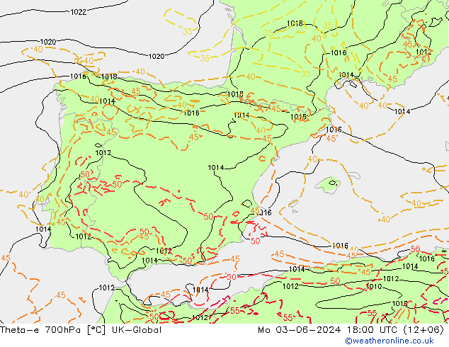 Theta-e 700hPa UK-Global lun 03.06.2024 18 UTC