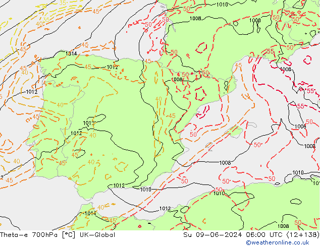 Theta-e 700hPa UK-Global nie. 09.06.2024 06 UTC