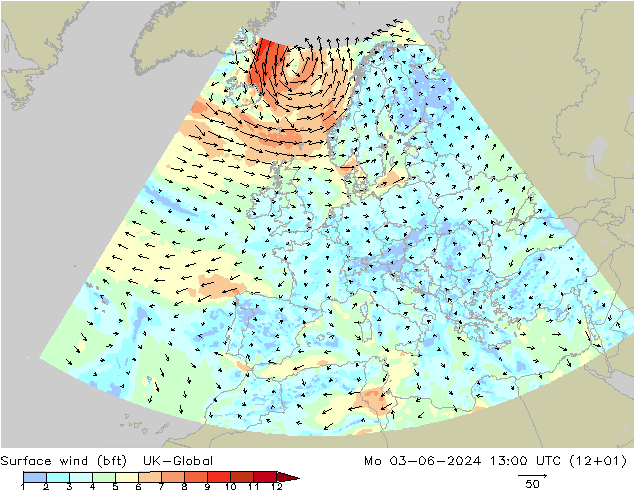 Surface wind (bft) UK-Global Mo 03.06.2024 13 UTC