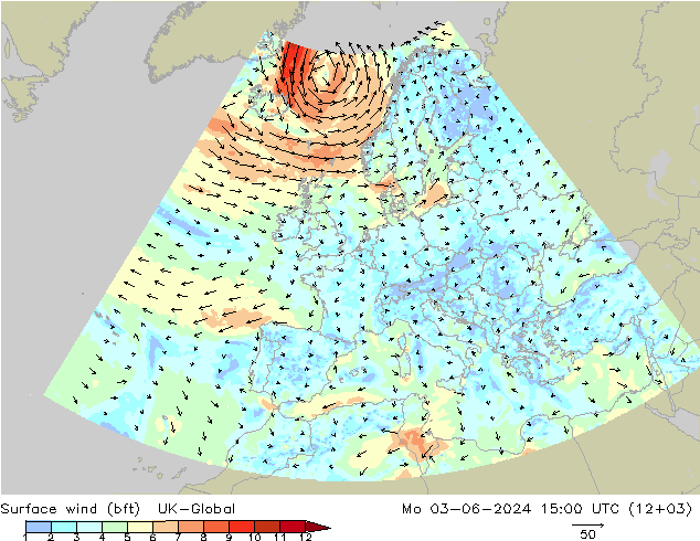 Viento 10 m (bft) UK-Global lun 03.06.2024 15 UTC