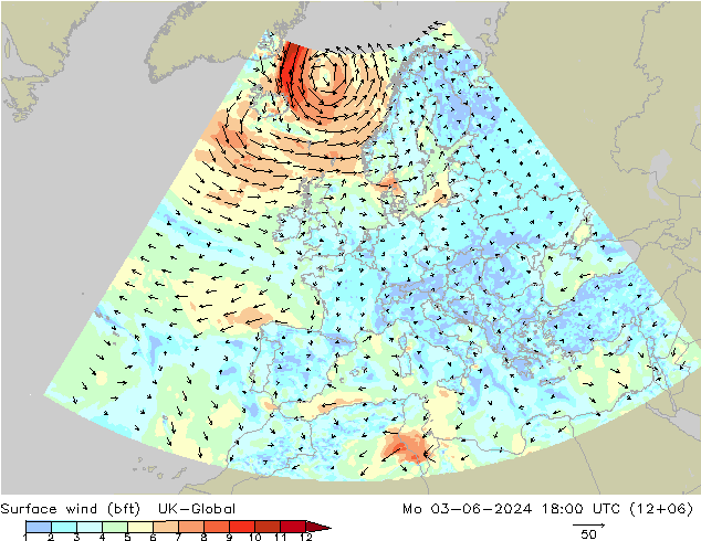 Vent 10 m (bft) UK-Global lun 03.06.2024 18 UTC