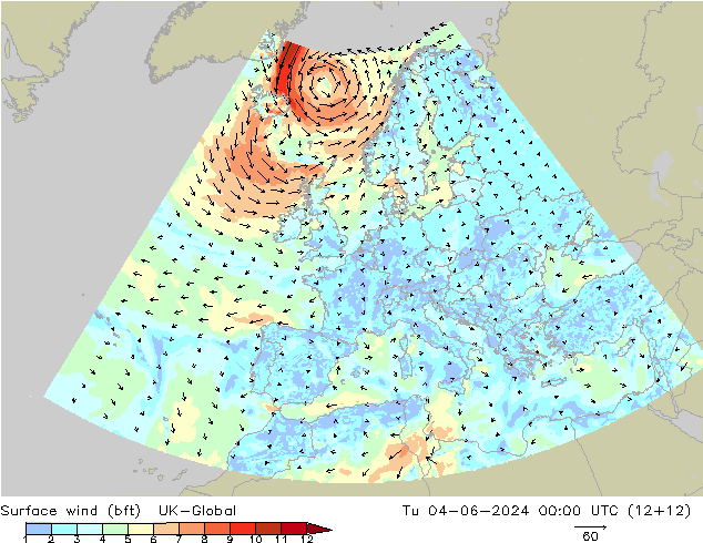 Wind 10 m (bft) UK-Global di 04.06.2024 00 UTC