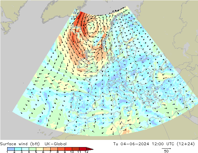 Vento 10 m (bft) UK-Global Ter 04.06.2024 12 UTC