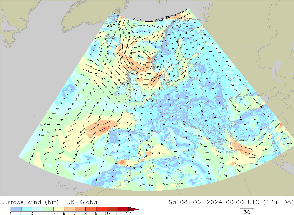 Vento 10 m (bft) UK-Global Sáb 08.06.2024 00 UTC