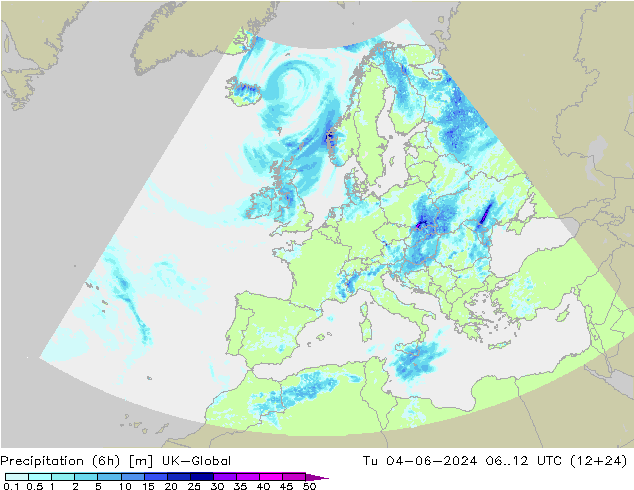 降水量 (6h) UK-Global 星期二 04.06.2024 12 UTC