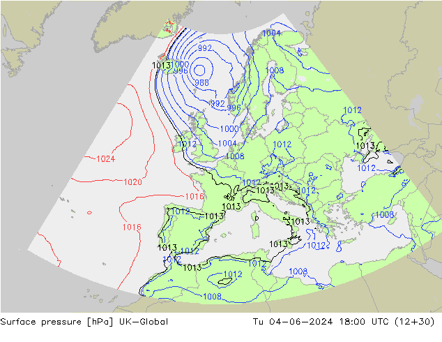 Surface pressure UK-Global Tu 04.06.2024 18 UTC