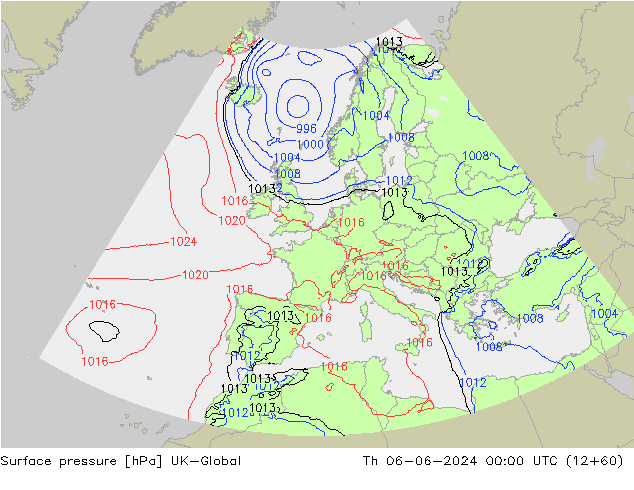 Presión superficial UK-Global jue 06.06.2024 00 UTC
