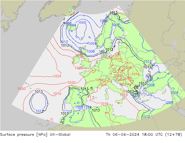 Pressione al suolo UK-Global gio 06.06.2024 18 UTC