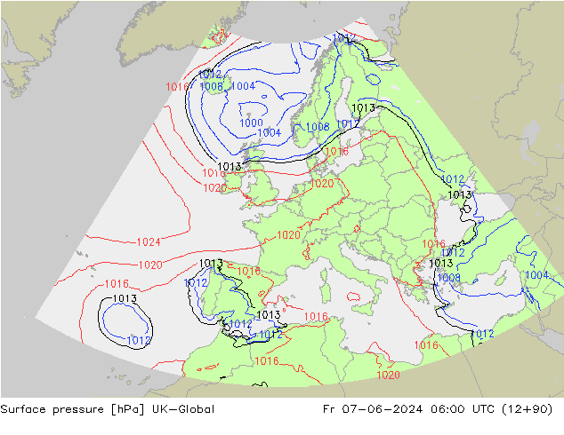 Pressione al suolo UK-Global ven 07.06.2024 06 UTC