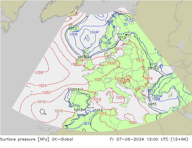 Pressione al suolo UK-Global ven 07.06.2024 12 UTC