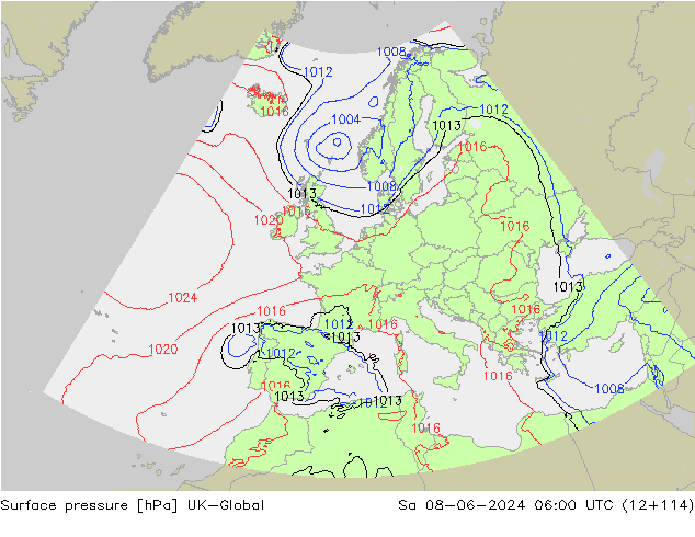 Presión superficial UK-Global sáb 08.06.2024 06 UTC