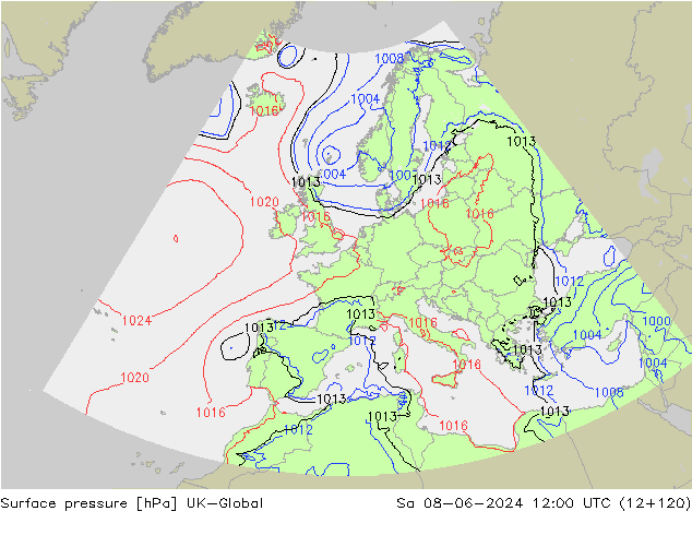 Pressione al suolo UK-Global sab 08.06.2024 12 UTC