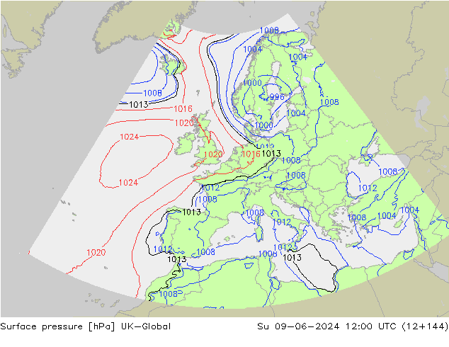 Surface pressure UK-Global Su 09.06.2024 12 UTC