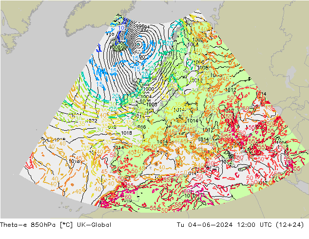 Theta-e 850hPa UK-Global  04.06.2024 12 UTC