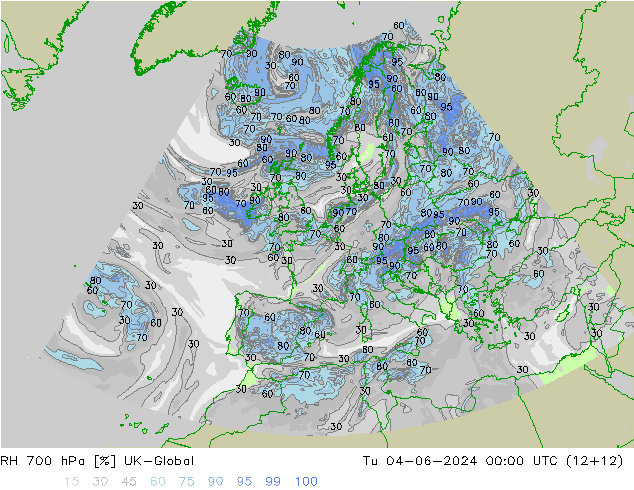 RH 700 гПа UK-Global вт 04.06.2024 00 UTC