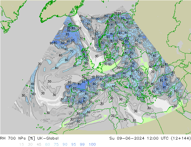 RH 700 hPa UK-Global Su 09.06.2024 12 UTC