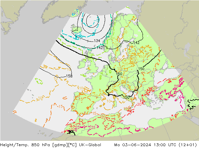 Height/Temp. 850 hPa UK-Global Mo 03.06.2024 13 UTC