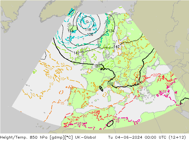 Geop./Temp. 850 hPa UK-Global mar 04.06.2024 00 UTC
