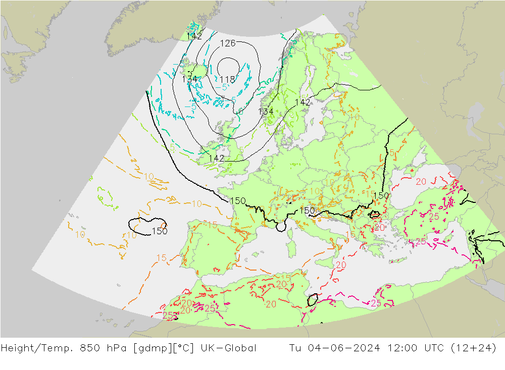 Height/Temp. 850 hPa UK-Global Di 04.06.2024 12 UTC
