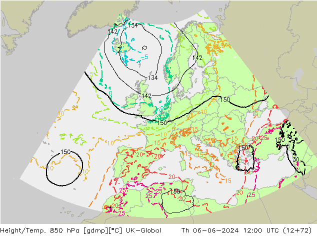 Hoogte/Temp. 850 hPa UK-Global do 06.06.2024 12 UTC