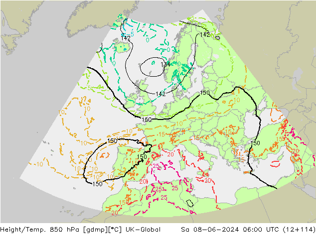 Yükseklik/Sıc. 850 hPa UK-Global Cts 08.06.2024 06 UTC