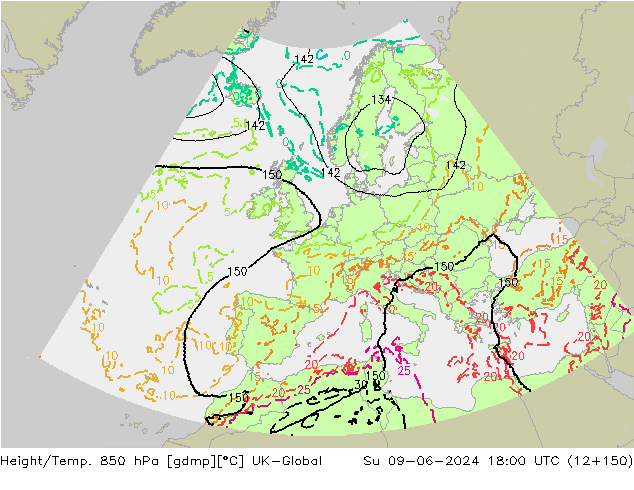 Yükseklik/Sıc. 850 hPa UK-Global Paz 09.06.2024 18 UTC