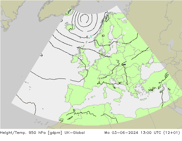 Height/Temp. 950 hPa UK-Global Mo 03.06.2024 13 UTC