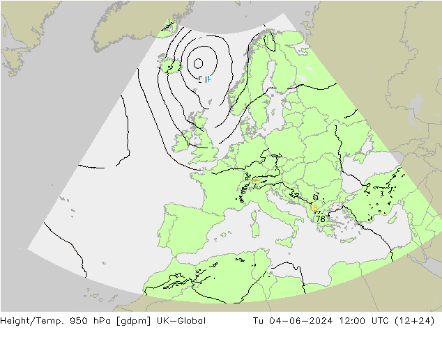 Height/Temp. 950 hPa UK-Global mar 04.06.2024 12 UTC