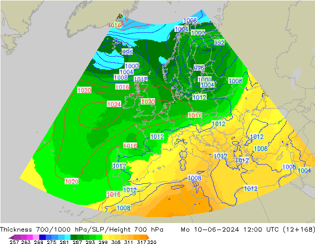 Thck 700-1000 hPa UK-Global  10.06.2024 12 UTC