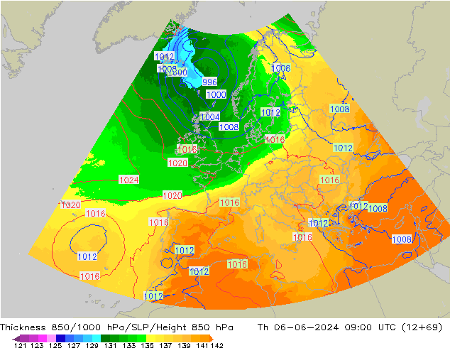 Thck 850-1000 hPa UK-Global czw. 06.06.2024 09 UTC