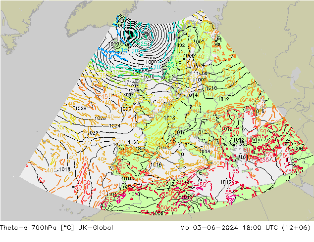 Theta-e 700hPa UK-Global Mo 03.06.2024 18 UTC