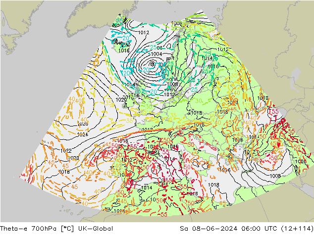 Theta-e 700hPa UK-Global sam 08.06.2024 06 UTC