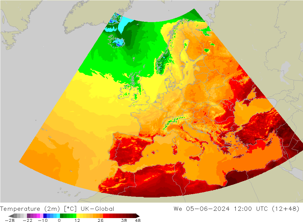 Temperatura (2m) UK-Global mié 05.06.2024 12 UTC