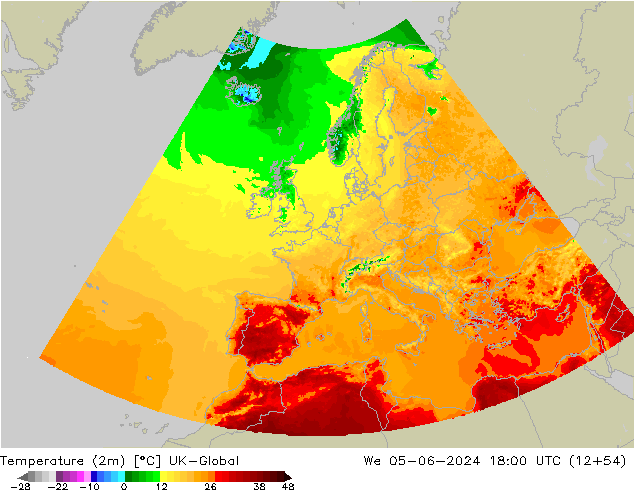 Temperaturkarte (2m) UK-Global Mi 05.06.2024 18 UTC