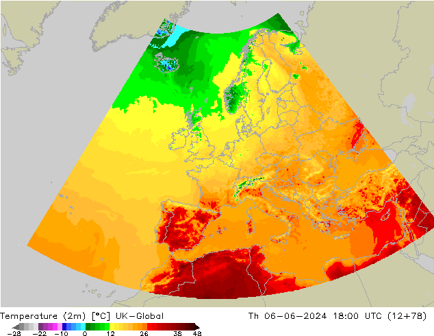 Temperature (2m) UK-Global Th 06.06.2024 18 UTC