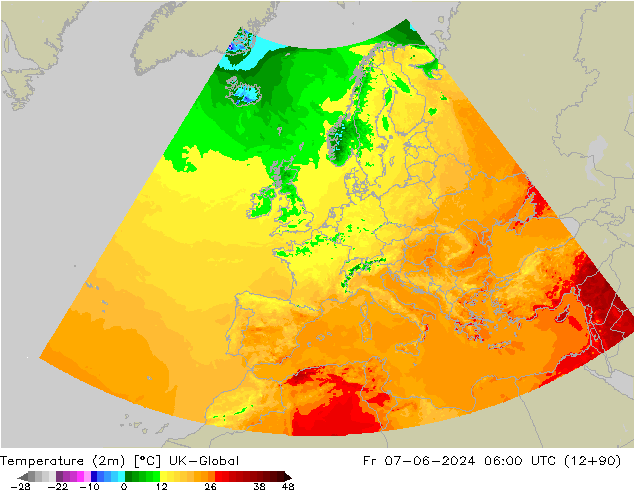 Temperature (2m) UK-Global Fr 07.06.2024 06 UTC