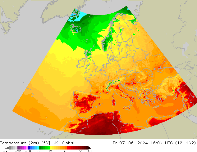Temperature (2m) UK-Global Pá 07.06.2024 18 UTC